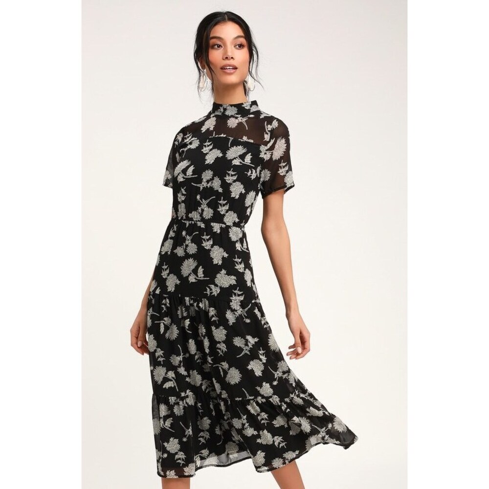 Lulus Floral Dressed Up Black Floral Print Midi Dress - Size S